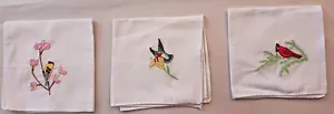 3 Womens Cotton Embroidered Bird Handkerchiefs Goldfinch Hummingbird Cardinal - Picture 1 of 1