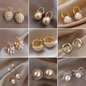 Fashion Pearl Zircon Crystal Bowknot Earrings Stud Women Wedding Jewellery Gift