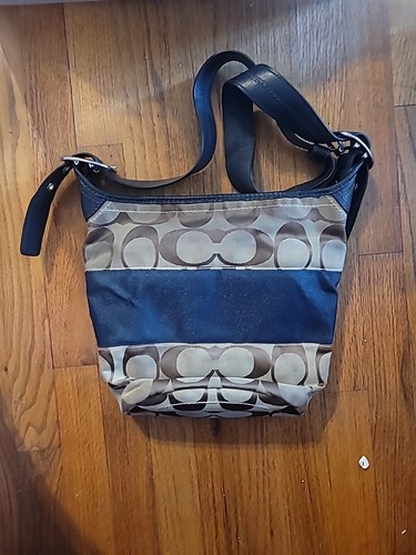 Borsa Coach F13362 Signature C tela grande rugby nera righe 2 vie Preloved