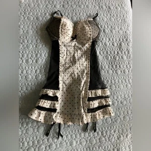 Women's Victoria's Secret Flounced Black Beige Bustier Slip Garter Dress, 34C - Picture 1 of 6