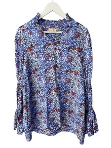 Rungolee Blue Red Smocked Flare Sleeve Silk Flowy Blouse Women's size XL - Picture 1 of 6