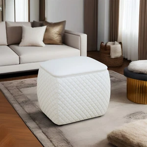 White Modern PU Leather Footstool Stool Foot Square Ottoman Upholstered Seat - Picture 1 of 9