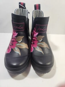 NEW Joules Wellibob Waterproof Rubber Ankle Boots Size 5 Navy Blue PINK FLORAL - Picture 1 of 9