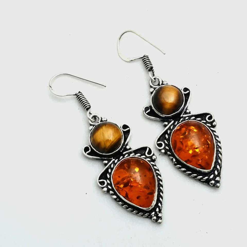Pendientes colgantes ámbar ojo de tigre piedras preciosas hechos a mano joyería regalo 2" AE-11706 Foto 1 de 1