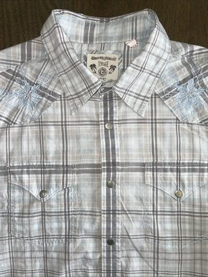 VGT Guess 1981 Men's Snap Shirt Grey Blue Pattern Embroidered Sz L - Image 1 of 4