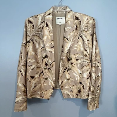 L'agence Brooke Linen Blazer Size 12 Double Breasted Leaf-Print Tan Beige - Image 1 of 4