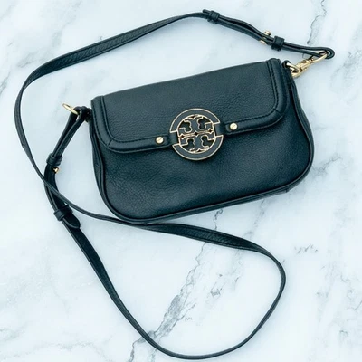 Tory Burch Amanda Crossbody Bag Black Pebbled Leather with Logo Gold Hardware - Image 1 of 4
