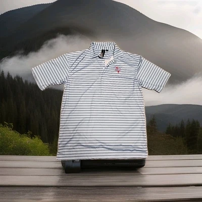 Рубашка поло легкая мужская TGJT Texas Junior Golf Tour логотип синяя в полоску средний размер - Изображение 1 из 4