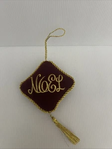 Vintage Christmas Pillow Ornament Maroon Velvet Gold Tassels Embroidered 4x4in - Picture 1 of 3