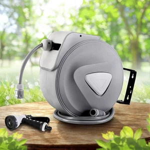 Water Hose Reel 10M Retractable Auto Rewind Spray Gun Wall Mount Garden Storage - Picture 1 of 8