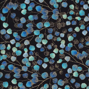 Blue Leaves with Metallic Gold Royal Plume Quilting Fabric 1/2 Metre - Picture 1 of 1
