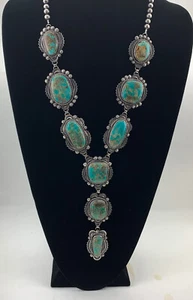 Collana Navajo Argento Sterling Lariat Royston Turchese Zucca Ciondolo 01546 - Foto 1 di 12