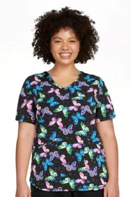 NEW NWT Sz Medium Stretchy Butterfly Nurse Medical Hospital Uniform Scrub Top - Image 1 of 4
