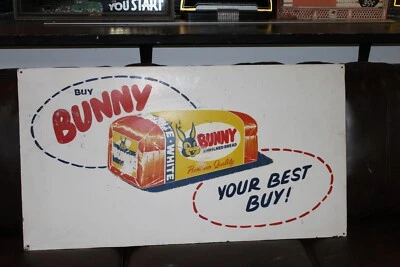 RARE 1950s BUY BUNNY PREMIUM QUALITY WHITE BREAD PAINTED WOOD SIGN RABBIT HARE - Image 1 of 4