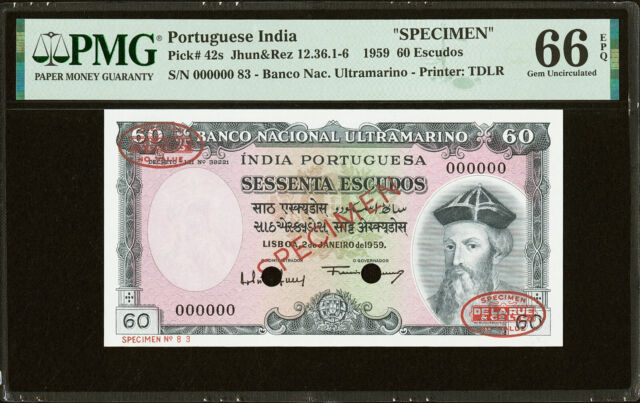 Specimen Sessenta (Sixty) Escudos Banknote of Banco Nacional Ultramarino of  Portuguese India (Goa) of 1959.