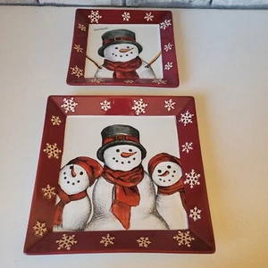 St Nicholas Square Snowman Plate Set of 2 Yuletide Kohl's 8" & 10" Red & White - Picture 1 of 9