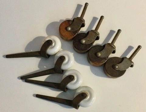 Vtg. Lot 4 Wooden Caster Wheels  & 4 Porcelain Casters Cover
