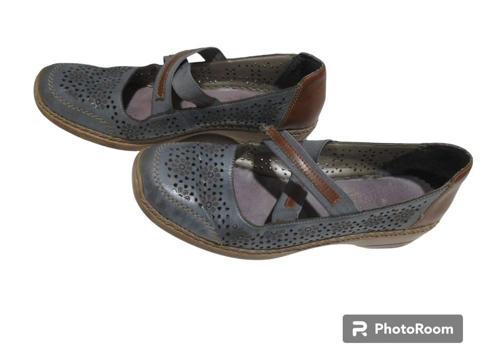 Talla EU 41 US 9.5 10 Rieker Mujer Zapatos Gris Marrón Recortes Mary Jane Mocasín Plano Foto 1 de 4