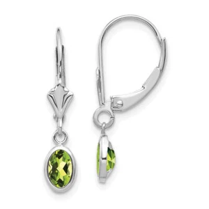 14K Solid White Gold Oval Peridot Dangle Earrings - Picture 1 of 4
