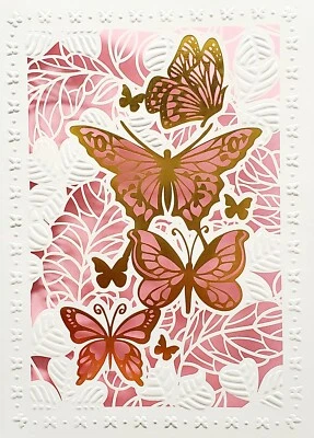 Carol Wilson Fine Arts E1 5x7" Embossed Laser Cut Greeting Card Gold Butterflies - Image 1 of 2