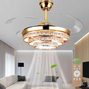 Crystal LED Chandelier Modern Invisible Ceiling Fan Light Ceiling Lamp w/ Remote - Picture 1 of 7