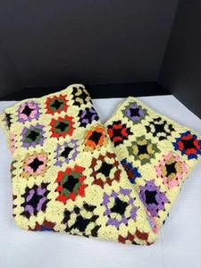 Handmade Blanket Yellow Floral Crochet Granny Square Throw Country Cottage 58x88 - Picture 1 of 2