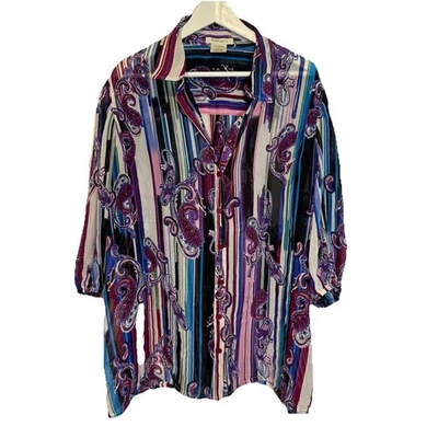 Roamans Shirt Button Up Top Womens Size 22W 2x Paisley Striped Sheer Whimsical - Image 1 of 4
