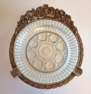 Vintage Silver Tone Metal & Glass Hollywood Regency Rose Ashtray - Picture 1 of 4