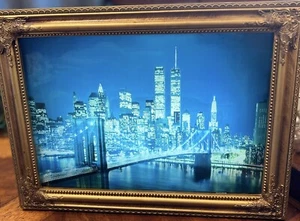 Lighted NYC Skyline TWIN TOWERS Framed Picture W/Water MOVEMENT Brooklyn Bridge - Picture 1 of 3
