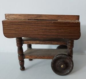 Vintage Doll House Miniature Wooden Tea Cart Drop Leaf Wheels Brown w/ Shelves