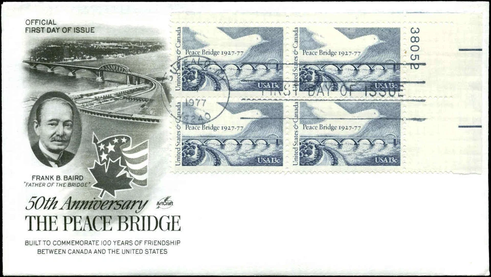 US FDC #1721 Plate Block of 4 Artcraft Cachet Buffalo, NY Peace Bridge - Image 1 of 1