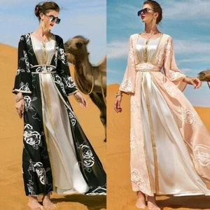 Cárdigan Abierto Dubai Mujeres Musulmanas Abaya Maxi Vestido Conjunto de 2 piezas Vestido Caftán Informal - Imagen 1 de 42