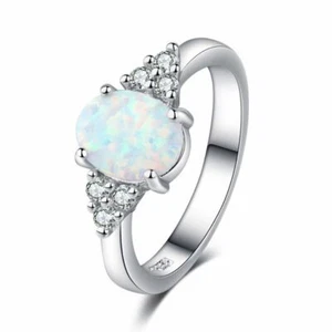 Women Fashion Silver Opal Rings Wedding Birthday Party Jewelry Love Gift &Box - Picture 1 of 9