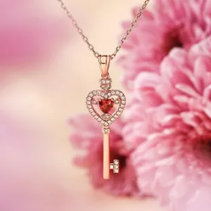 2.20Ct Heart Lab Created Red Ruby Diamond Love Key Pendant 14k Rose Gold Plated - Picture 1 of 4