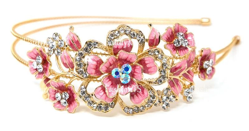 EE. UU. Nueva Moda Diadema Cristal Estrás Tono Dorado Metal Diseño Flores Grandes  Foto 1 de 1