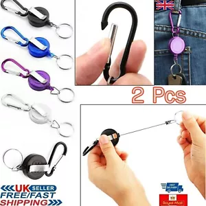 2Pcs Pieces Retractable Keyring Recoil Key Chain Stainless Steel Heavy Duty Clip - Picture 1 of 7