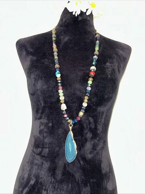 Colar de pedra azul natural corrente longa feminino joias elegantes - Imagem 1 de 4