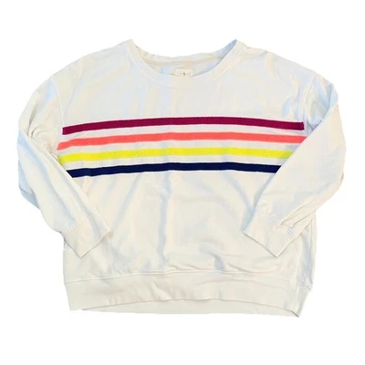 Lou & Grey Women’s Rainbow Stripe Cozy Cotton Terry Sweatshirt Size Large White - Image 1 of 4