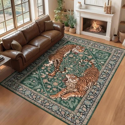Tiger Print Rug for Living Room: 5x7 Boho Washable Green Area Rugs Tropical Jung - Image 1 of 4