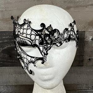 Black Metal Laser Cut Phantom Mask Masquerade Rhinestones - Picture 1 of 4