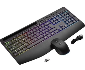 Wireless Keyboard and Mouse Set 9 RGB Backlit Effects Wrist Rest 2.4G Rechargeab - Picture 1 of 8