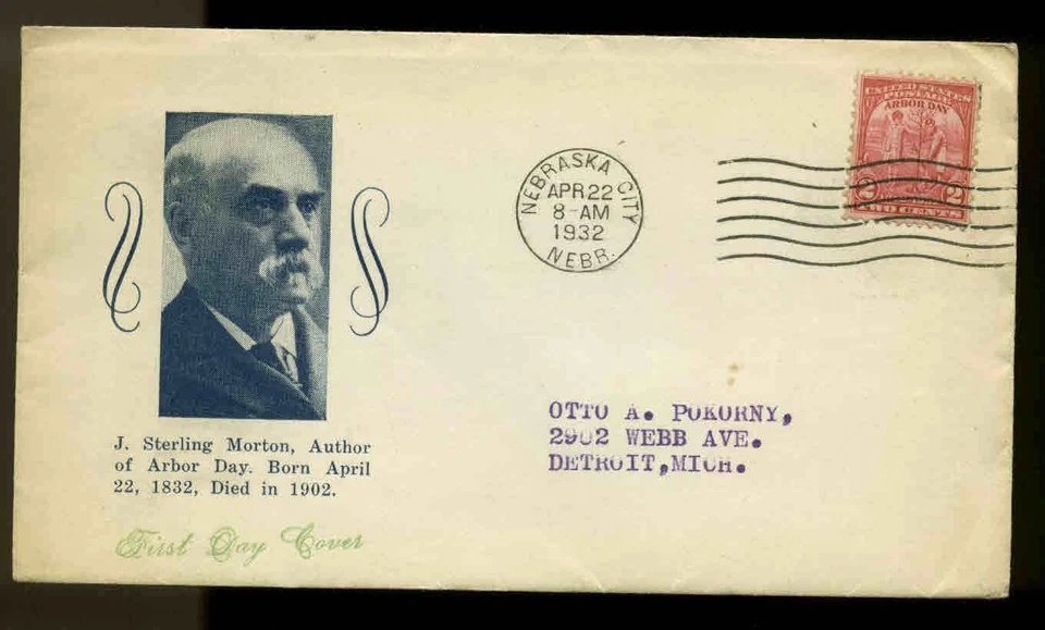 717 ARBOR DAY FDC NEBRASKA CITY, NE PLANTY  #P4b STOUTENBERG WITH GROAT "FDC" - Image 1 of 1