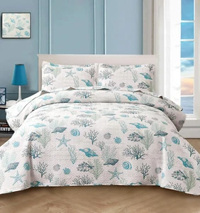 3-Piece Ocean Quilts Set Twin Size Beach Bedspread Lightweight Coastal Bedding R - Picture 1 of 7