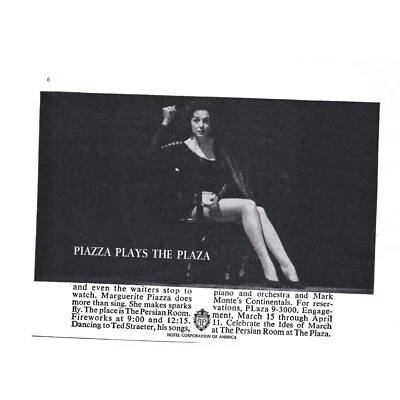 Publicidad impresa vintage de Marguerite Piazza Plays The Plaza años 60 anuncio de Nueva York Foto 1 de 2