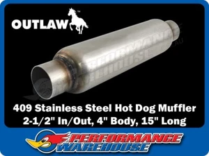 409SS Glasspack Hot Dog Muffler, 2-1/2" In/Out, 4" Body Diameter 15" Body Length - Picture 1 of 4