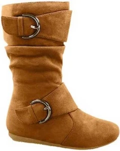 Girl's Kid's Faux Suede Two Buckle Zipper Flat Heel Mid Calf Slouchy Boot - Picture 1 of 10
