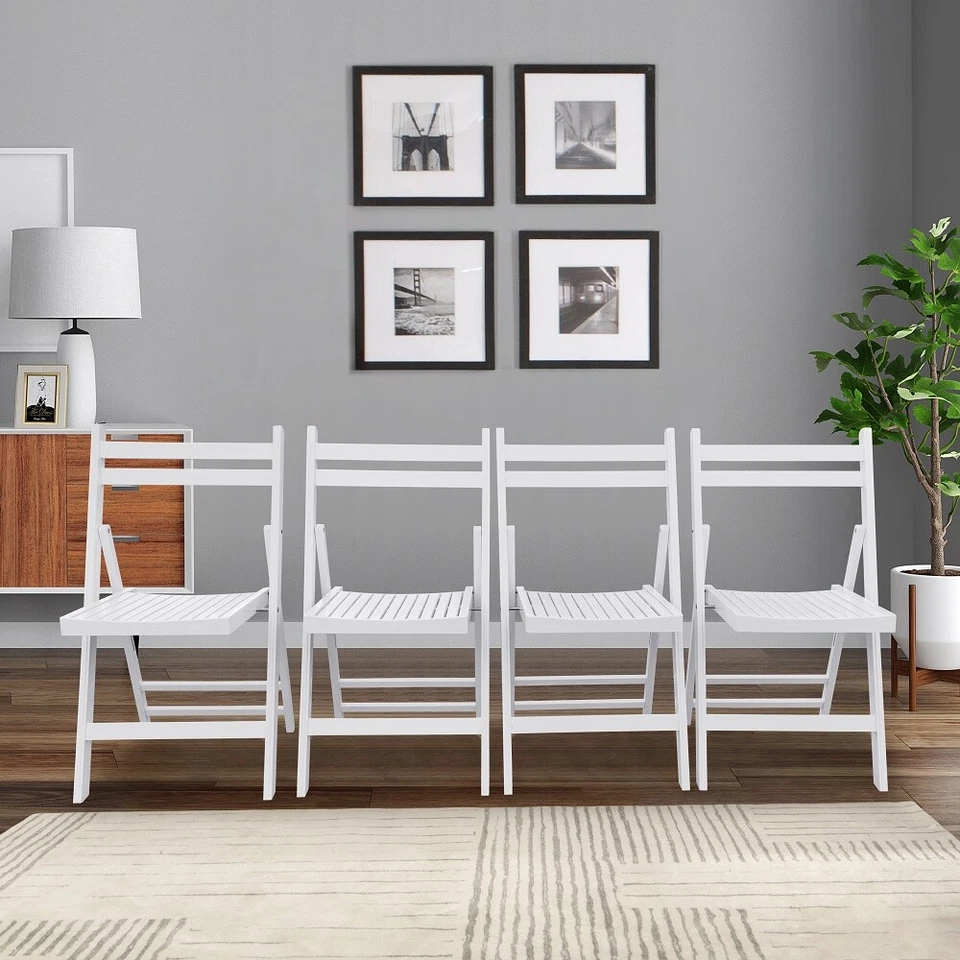 Juego de 4 sillas plegables para eventos especiales de madera con listones blancos Foto 1 de 4