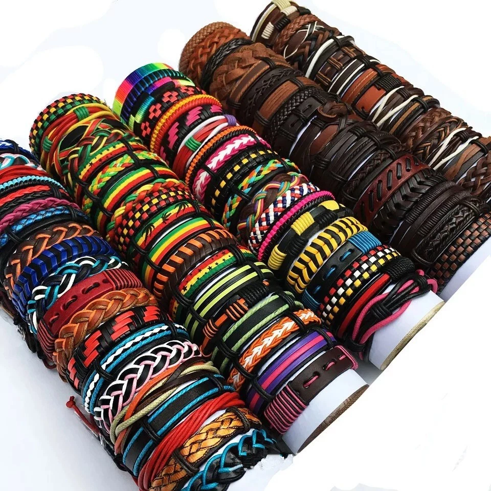 Atacado 30 peças/lote estilos mistos pulseiras de couro vintage joias coloridas - Imagem 1 de 4