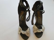 NEW WOMENS BLACK/ SPARKLY SILVER BOW 4 3/4 HIGH HEEL ANKLE STRAP SIZE 7 BOXED