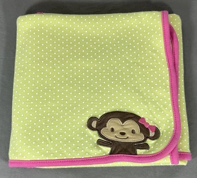 Carters Child of Mine Monkey Polka Dot Pink Green Cotton Baby Blanket Lovey Kids - Image 1 of 4